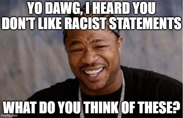 When they call out Joe Biden for racist/cringey statements. | YO DAWG, I HEARD YOU DON'T LIKE RACIST STATEMENTS WHAT DO YOU THINK OF THESE? | image tagged in memes,yo dawg heard you,cringe worthy,conservative logic,joe biden,racist | made w/ Imgflip meme maker