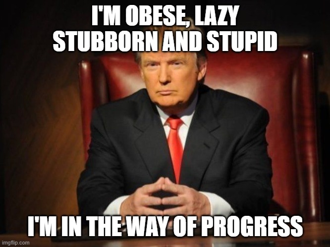 Trump in the way |  I'M OBESE, LAZY STUBBORN AND STUPID; I'M IN THE WAY OF PROGRESS | image tagged in donald trump | made w/ Imgflip meme maker