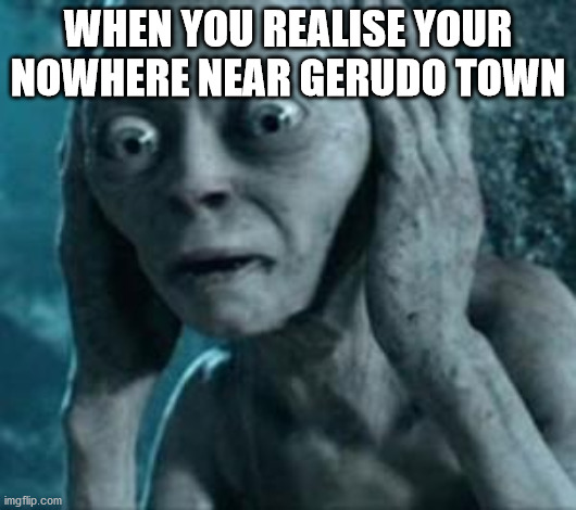 Scared Gollum | WHEN YOU REALISE YOUR NOWHERE NEAR GERUDO TOWN | image tagged in scared gollum | made w/ Imgflip meme maker