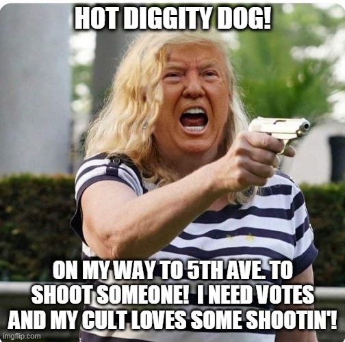 Trump campaigns for votes. | HOT DIGGITY DOG! ON MY WAY TO 5TH AVE. TO SHOOT SOMEONE!  I NEED VOTES AND MY CULT LOVES SOME SHOOTIN'! | image tagged in karen trump,trump,cult45 | made w/ Imgflip meme maker