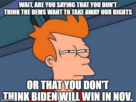 Futurama Fry Meme | WAIT, ARE YOU SAYING THAT YOU DON'T THINK THE DEMS WANT TO TAKE AWAY OUR RIGHTS OR THAT YOU DON'T THINK BIDEN WILL WIN IN NOV. | image tagged in memes,futurama fry | made w/ Imgflip meme maker