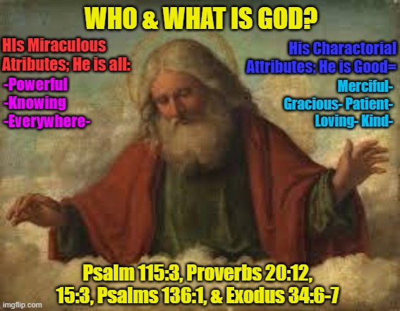 John 4:24 | WHO & WHAT IS GOD? -Powerful
-Knowing
-Everywhere-; His Charactorial Attributes; He is Good=; HIs Miraculous Atributes; He is all:; Merciful- Gracious- Patient- Loving- Kind-; Psalm 115:3, Proverbs 20:12, 15:3, Psalms 136:1, & Exodus 34:6-7 | image tagged in god | made w/ Imgflip meme maker