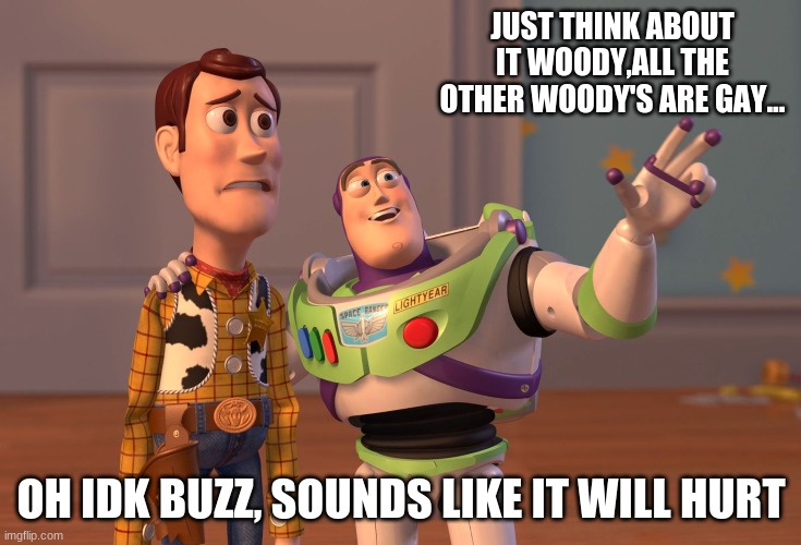 X, X Everywhere Meme | JUST THINK ABOUT IT WOODY,ALL THE OTHER WOODY'S ARE GAY... OH IDK BUZZ, SOUNDS LIKE IT WILL HURT | image tagged in memes,x x everywhere | made w/ Imgflip meme maker
