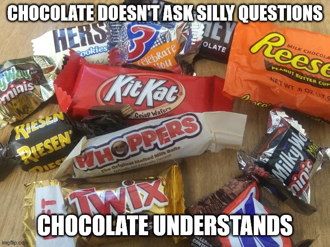 Chocolate Understands |  CHOCOLATE DOESN'T ASK SILLY QUESTIONS; CHOCOLATE UNDERSTANDS | image tagged in candy mix,chocolate,candy | made w/ Imgflip meme maker