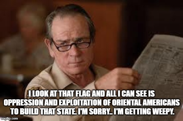 no country for old men tommy lee jones | I LOOK AT THAT FLAG AND ALL I CAN SEE IS OPPRESSION AND EXPLOITATION OF ORIENTAL AMERICANS  TO BUILD THAT STATE. I'M SORRY.. I'M GETTING WEE | image tagged in no country for old men tommy lee jones | made w/ Imgflip meme maker