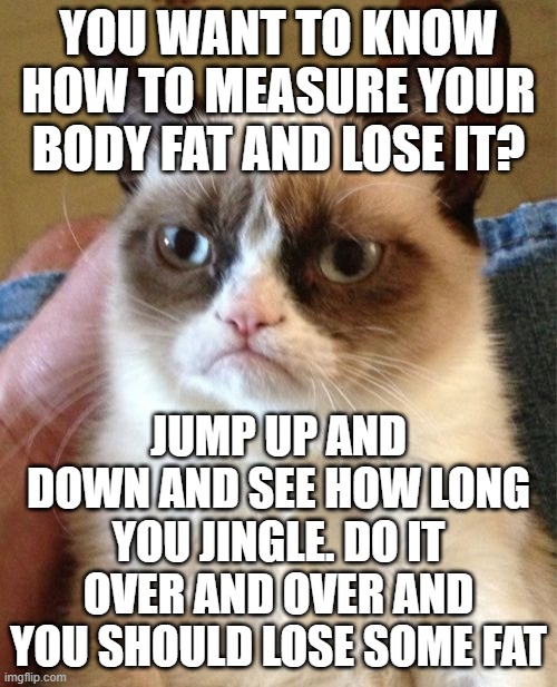 Fat tip | YOU WANT TO KNOW HOW TO MEASURE YOUR BODY FAT AND LOSE IT? JUMP UP AND DOWN AND SEE HOW LONG YOU JINGLE. DO IT OVER AND OVER AND YOU SHOULD LOSE SOME FAT | image tagged in memes,grumpy cat,cats,funny,fat | made w/ Imgflip meme maker