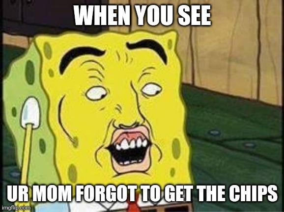 Spongey boi | WHEN YOU SEE; UR MOM FORGOT TO GET THE CHIPS | image tagged in sponge bob bruh | made w/ Imgflip meme maker