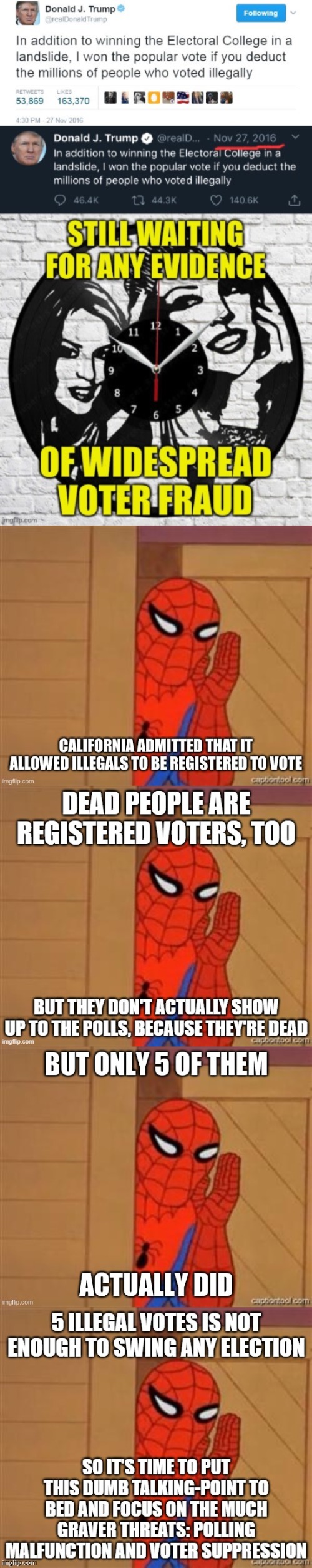 Spiderman debate on voting fraud from a "politics" meme. tl;dr: I asked for evidence of 3 million illegal votes, and I got 5. | image tagged in voting,voter fraud,trump tweet,elections,rigged elections,rigged election | made w/ Imgflip meme maker