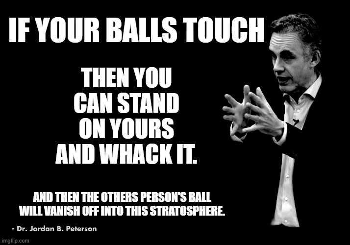 jordan peterson balls | THEN YOU CAN STAND ON YOURS AND WHACK IT. IF YOUR BALLS TOUCH; AND THEN THE OTHERS PERSON'S BALL WILL VANISH OFF INTO THIS STRATOSPHERE. | image tagged in jordan peterson,balls | made w/ Imgflip meme maker