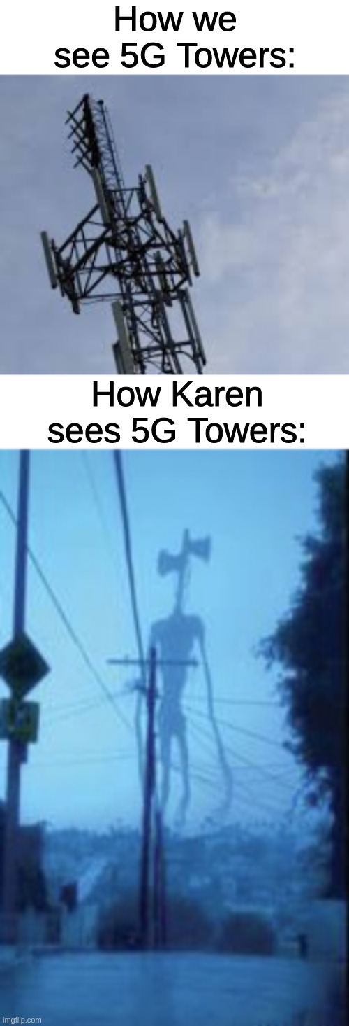 tHeY aRe DeaDly MiNd ConTrOl!!11!!!1! | How we see 5G Towers:; How Karen sees 5G Towers: | image tagged in sirenhead | made w/ Imgflip meme maker