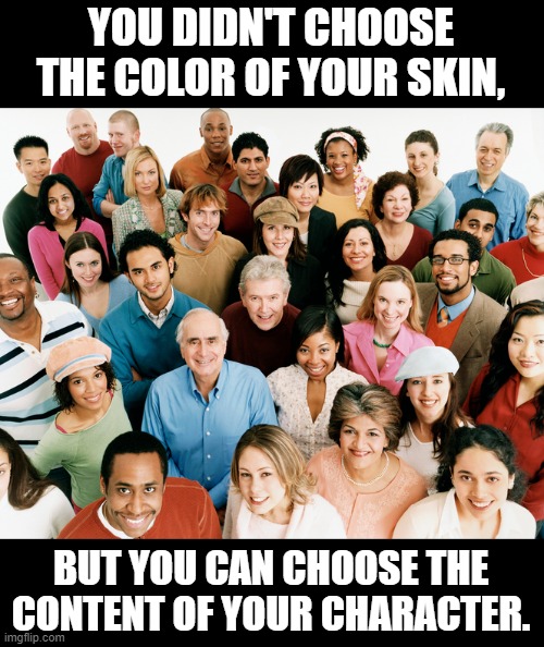 "A$$hole" is a choice. | YOU DIDN'T CHOOSE THE COLOR OF YOUR SKIN, BUT YOU CAN CHOOSE THE CONTENT OF YOUR CHARACTER. | image tagged in funny,political meme,politics,race | made w/ Imgflip meme maker