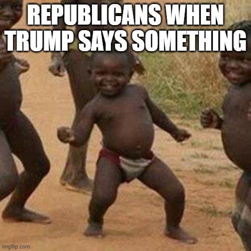 When trump says something | REPUBLICANS WHEN TRUMP SAYS SOMETHING | image tagged in memes,third world success kid,funny,politics | made w/ Imgflip meme maker