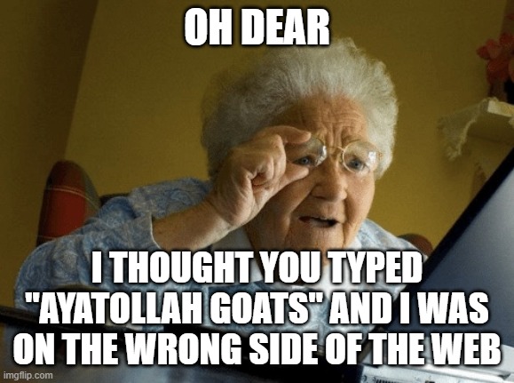 Grandma reading | OH DEAR I THOUGHT YOU TYPED "AYATOLLAH GOATS" AND I WAS ON THE WRONG SIDE OF THE WEB | image tagged in grandma reading | made w/ Imgflip meme maker