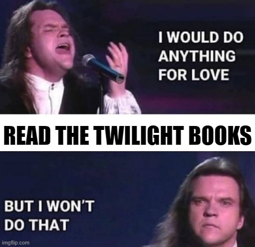 I only read Stephen King's vampires  | READ THE TWILIGHT BOOKS | image tagged in i would do anything for love,twilight,stephen king,dubuque | made w/ Imgflip meme maker