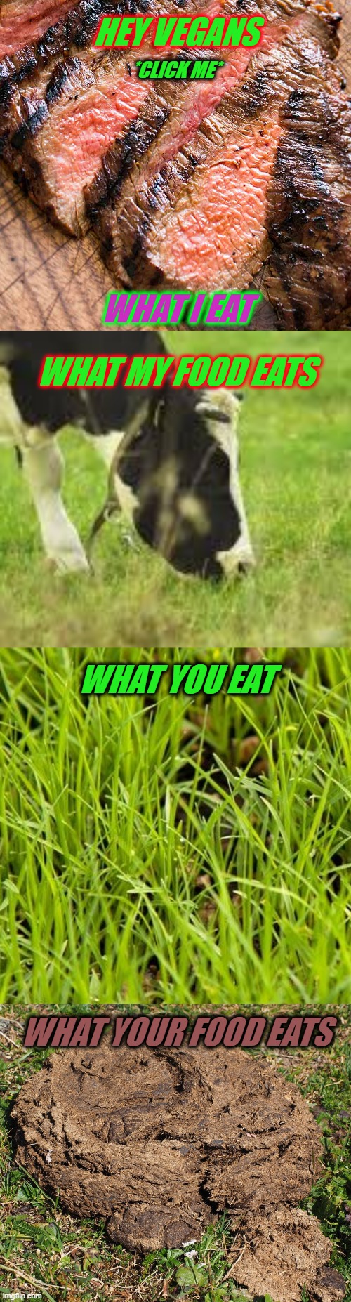 Veganism Sux | HEY VEGANS; *CLICK ME*; WHAT I EAT; WHAT MY FOOD EATS; WHAT YOU EAT; WHAT YOUR FOOD EATS | image tagged in vegan,food,cow,delicious,haha,lol | made w/ Imgflip meme maker