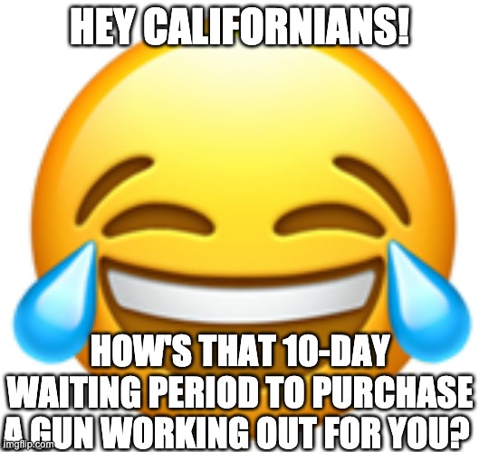 Laughing Emoji | HEY CALIFORNIANS! HOW'S THAT 10-DAY WAITING PERIOD TO PURCHASE A GUN WORKING OUT FOR YOU? | image tagged in laughing emoji | made w/ Imgflip meme maker