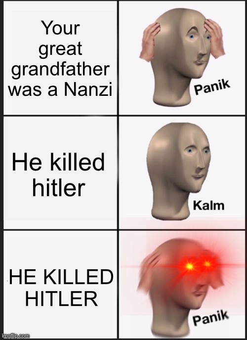Panik Kalm Panik Meme | Your great grandfather was a Nanzi; He killed hitler; HE KILLED HITLER | image tagged in memes,panik kalm panik | made w/ Imgflip meme maker
