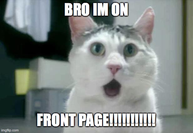 OMG Cat Meme | BRO IM ON; FRONT PAGE!!!!!!!!!!! | image tagged in memes,omg cat | made w/ Imgflip meme maker