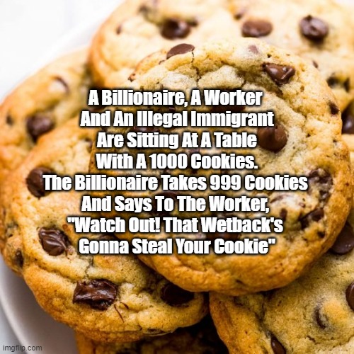 "A Billionaire, A Worker And An Illegal Immigrant Are Sitting At A Table With A 1000 Cookies" | A Billionaire, A Worker 
And An Illegal Immigrant
 Are Sitting At A Table 
With A 1000 Cookies.
The Billionaire Takes 999 Cookies 
And Says To The Worker, 
"Watch Out! That Wetback's 
Gonna Steal Your Cookie" | image tagged in billionaire,worker,illegal immigrant,1000 cookies | made w/ Imgflip meme maker