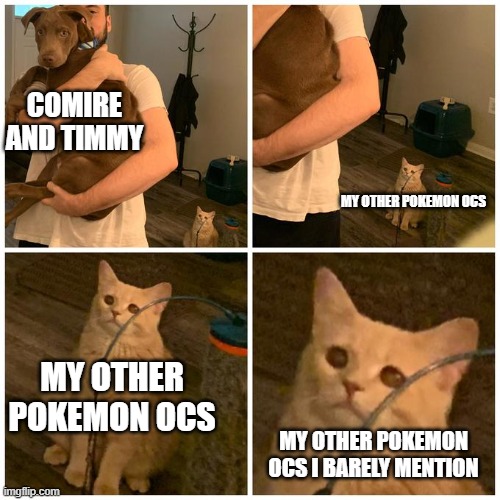 Sad Cat guy Holding dog | COMIRE AND TIMMY; MY OTHER POKEMON OCS; MY OTHER POKEMON OCS; MY OTHER POKEMON OCS I BARELY MENTION | image tagged in sad cat guy holding dog | made w/ Imgflip meme maker