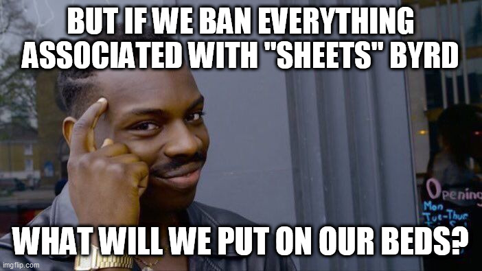 Roll Safe Think About It Meme | BUT IF WE BAN EVERYTHING ASSOCIATED WITH "SHEETS" BYRD WHAT WILL WE PUT ON OUR BEDS? | image tagged in memes,roll safe think about it | made w/ Imgflip meme maker