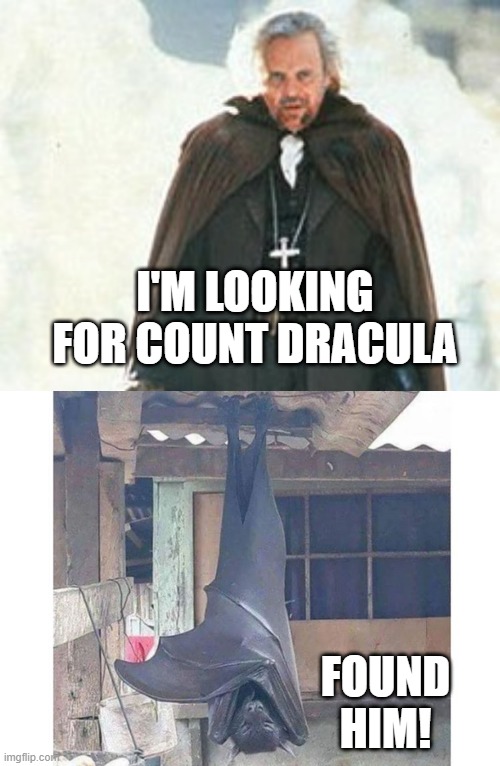 Human Sized Bats | I'M LOOKING FOR COUNT DRACULA; FOUND HIM! | image tagged in van helsing anthony hopkins | made w/ Imgflip meme maker