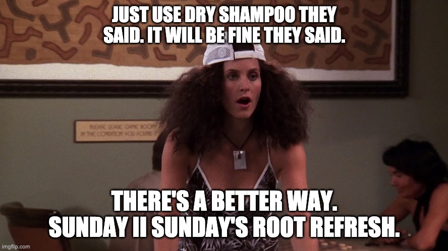 JUST USE DRY SHAMPOO THEY SAID. IT WILL BE FINE THEY SAID. THERE'S A BETTER WAY. SUNDAY II SUNDAY'S ROOT REFRESH. | made w/ Imgflip meme maker