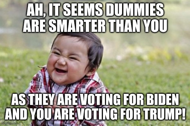 Evil Toddler Meme | AH, IT SEEMS DUMMIES ARE SMARTER THAN YOU AS THEY ARE VOTING FOR BIDEN AND YOU ARE VOTING FOR TRUMP! | image tagged in memes,evil toddler | made w/ Imgflip meme maker