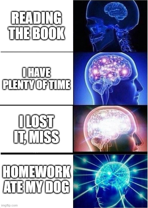 HhH | READING THE BOOK; I HAVE PLENTY OF TIME; I LOST IT, MISS; HOMEWORK ATE MY DOG | image tagged in memes,expanding brain | made w/ Imgflip meme maker