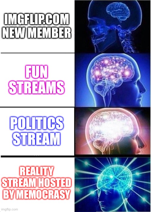 Expanding Brain | IMGFLIP.COM NEW MEMBER; FUN STREAMS; POLITICS STREAM; REALITY STREAM HOSTED BY MEMOCRASY | image tagged in memes,expanding brain | made w/ Imgflip meme maker