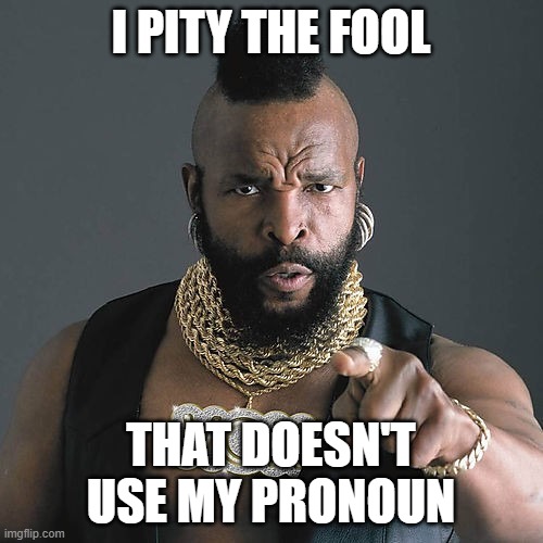 Mr T Pity The Fool Meme | I PITY THE FOOL THAT DOESN'T USE MY PRONOUN | image tagged in memes,mr t pity the fool | made w/ Imgflip meme maker