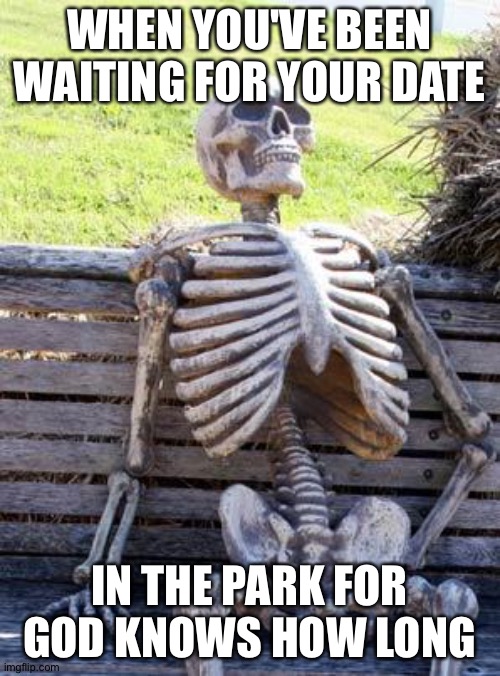 Waiting for your date | WHEN YOU'VE BEEN WAITING FOR YOUR DATE; IN THE PARK FOR GOD KNOWS HOW LONG | image tagged in memes,waiting skeleton | made w/ Imgflip meme maker