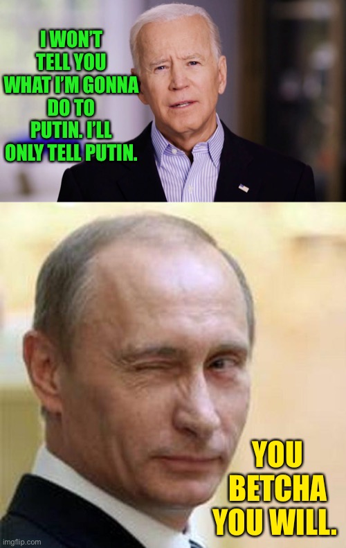 Putin wants a Biden Presidency | I WON’T TELL YOU WHAT I’M GONNA DO TO PUTIN. I’LL ONLY TELL PUTIN. YOU BETCHA YOU WILL. | image tagged in putin winking,joe biden 2020,tell putin,tell america,demented joe | made w/ Imgflip meme maker