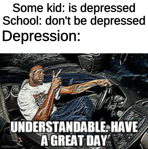 u n d e r s t a n d a b l e h a v e a g r e a t d a y | Some kid: is depressed
School: don't be depressed; Depression: | image tagged in understandable have a great day | made w/ Imgflip meme maker