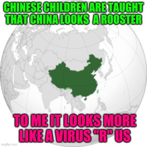 Ground Zero | CHINESE CHILDREN ARE TAUGHT THAT CHINA LOOKS  A ROOSTER; TO ME IT LOOKS MORE
 LIKE A VIRUS "R" US | image tagged in memes | made w/ Imgflip meme maker