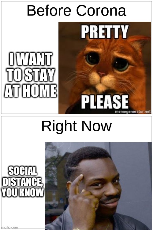 Blank Comic Panel 1x2 Meme | Before Corona; I WANT TO STAY AT HOME; Right Now; SOCIAL DISTANCE, YOU KNOW | image tagged in memes,blank comic panel 1x2 | made w/ Imgflip meme maker