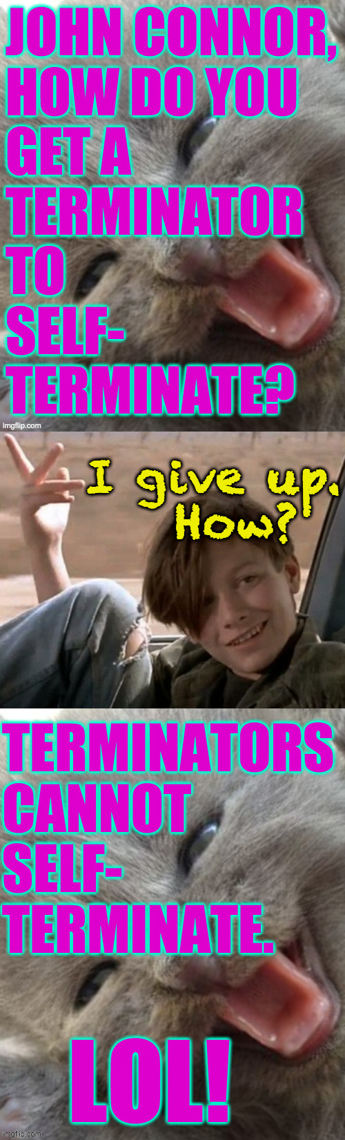 Do you see the joke? | JOHN CONNOR,
HOW DO YOU
GET A
TERMINATOR
TO
SELF-
TERMINATE? I give up.
  How? TERMINATORS
CANNOT
SELF-
TERMINATE. LOL! | image tagged in john connor,memes,do you see the joke | made w/ Imgflip meme maker