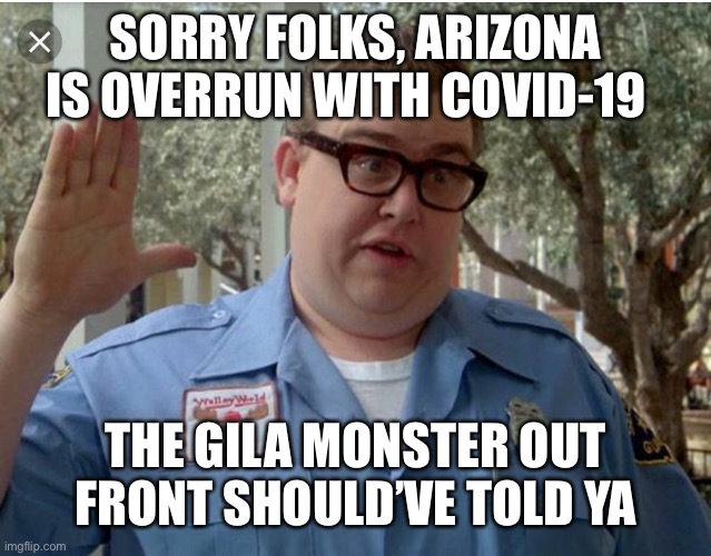 Arizona COVID-19 | SORRY FOLKS, ARIZONA IS OVERRUN WITH COVID-19; THE GILA MONSTER OUT FRONT SHOULD’VE TOLD YA | image tagged in john candy national lampoon vacation guard | made w/ Imgflip meme maker
