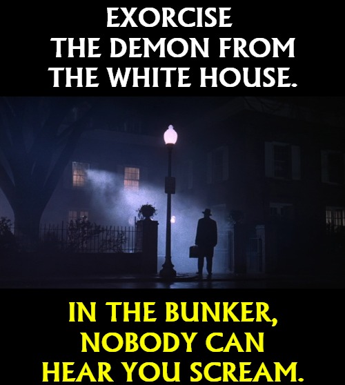 Two horror films for the price of one. A pretty grisly double feature. | EXORCISE 
THE DEMON FROM THE WHITE HOUSE. IN THE BUNKER, NOBODY CAN HEAR YOU SCREAM. | image tagged in trump,election 2020,demon,the exorcist,alien | made w/ Imgflip meme maker