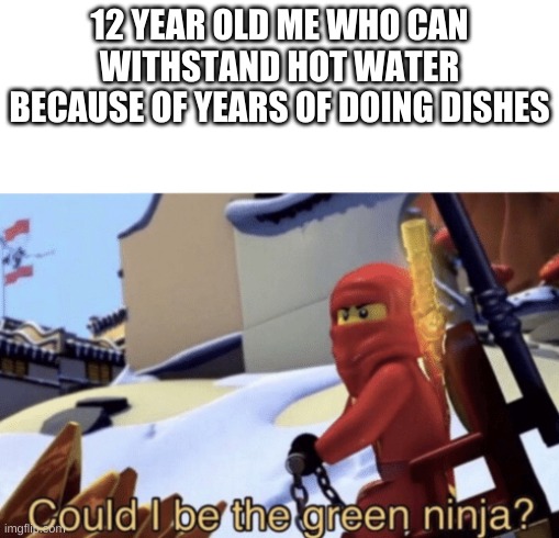 Could I Be The Green Ninja? | 12 YEAR OLD ME WHO CAN WITHSTAND HOT WATER BECAUSE OF YEARS OF DOING DISHES | image tagged in could i be the green ninja | made w/ Imgflip meme maker