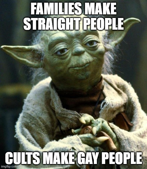 Star Wars Yoda Meme | FAMILIES MAKE STRAIGHT PEOPLE; CULTS MAKE GAY PEOPLE | image tagged in memes,star wars yoda | made w/ Imgflip meme maker