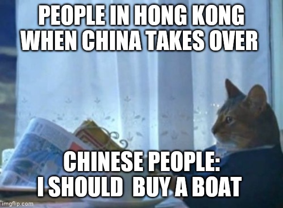 oh boy china what did you do now | PEOPLE IN HONG KONG WHEN CHINA TAKES OVER; CHINESE PEOPLE: I SHOULD  BUY A BOAT | image tagged in memes,i should buy a boat cat | made w/ Imgflip meme maker