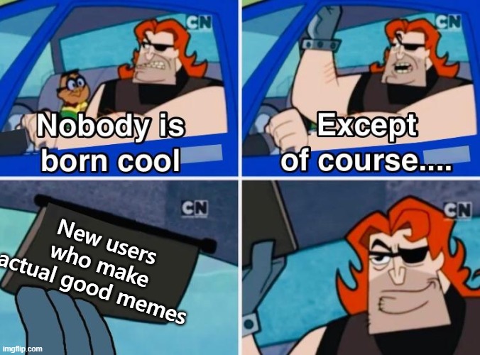 Nobody is born cool | New users who make actual good memes | image tagged in nobody is born cool | made w/ Imgflip meme maker