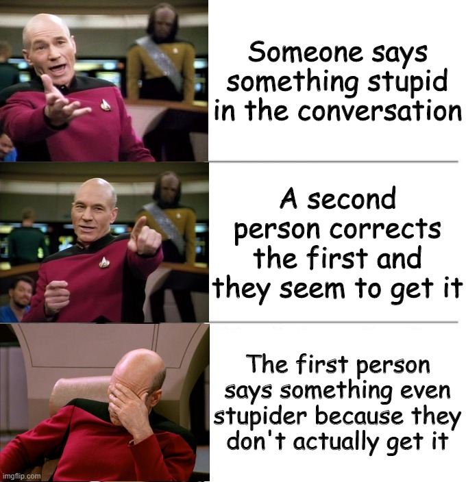 Picard 3-panel | Someone says something stupid in the conversation; A second person corrects the first and they seem to get it; The first person says something even stupider because they don't actually get it | image tagged in picard 3-panel | made w/ Imgflip meme maker