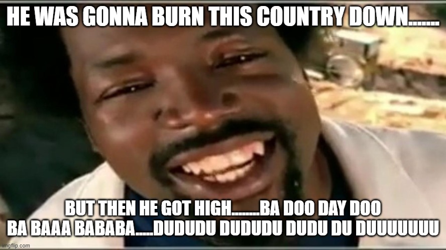 but then i got high | HE WAS GONNA BURN THIS COUNTRY DOWN....... BUT THEN HE GOT HIGH........BA DOO DAY DOO BA BAAA BABABA.....DUDUDU DUDUDU DUDU DU DUUUUUUU | image tagged in but then i got high | made w/ Imgflip meme maker