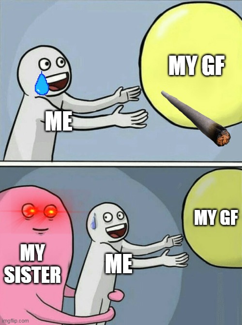 let me chill qhit my gf sis | MY GF; ME; MY GF; MY SISTER; ME | image tagged in memes,running away balloon | made w/ Imgflip meme maker