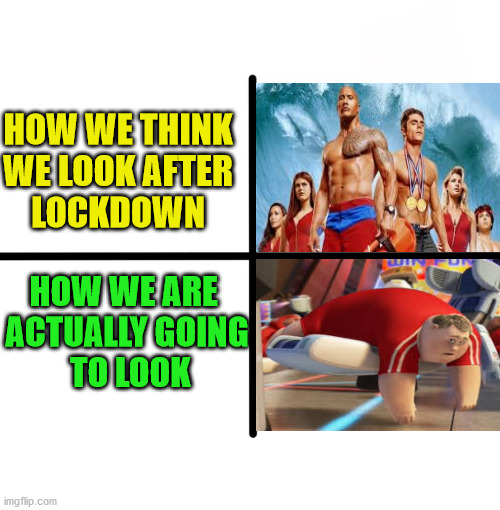 Blank Starter Pack Meme | HOW WE THINK 
WE LOOK AFTER 
LOCKDOWN; HOW WE ARE 
ACTUALLY GOING
 TO LOOK | image tagged in memes,blank white template,blank starter pack,lockdown,fitness,fitness is my passion | made w/ Imgflip meme maker