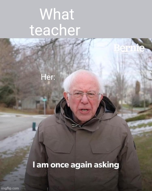 Teacher | What teacher; Her: | image tagged in memes,bernie i am once again asking for your support | made w/ Imgflip meme maker