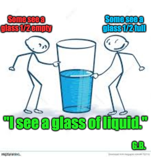 Expectation vs. Reality | Some see a glass 1/2 full; Some see a glass 1/2 empty; "I see a glass of liquid."; G.B. | image tagged in pessimism,optimism,half empty,half full,reality | made w/ Imgflip meme maker