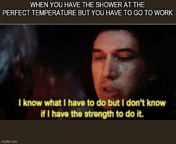 I know what I have to do but I don‘t know if I have the strength | WHEN YOU HAVE THE SHOWER AT THE PERFECT TEMPERATURE BUT YOU HAVE TO GO TO WORK | image tagged in i know what i have to do but i dont know if i have the strength | made w/ Imgflip meme maker